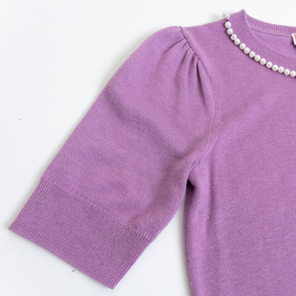Kate Spade Pearl Crystal Trimmed Collar Sweater Short Sleeve Liliac Purple XS - Picture 7 of 11